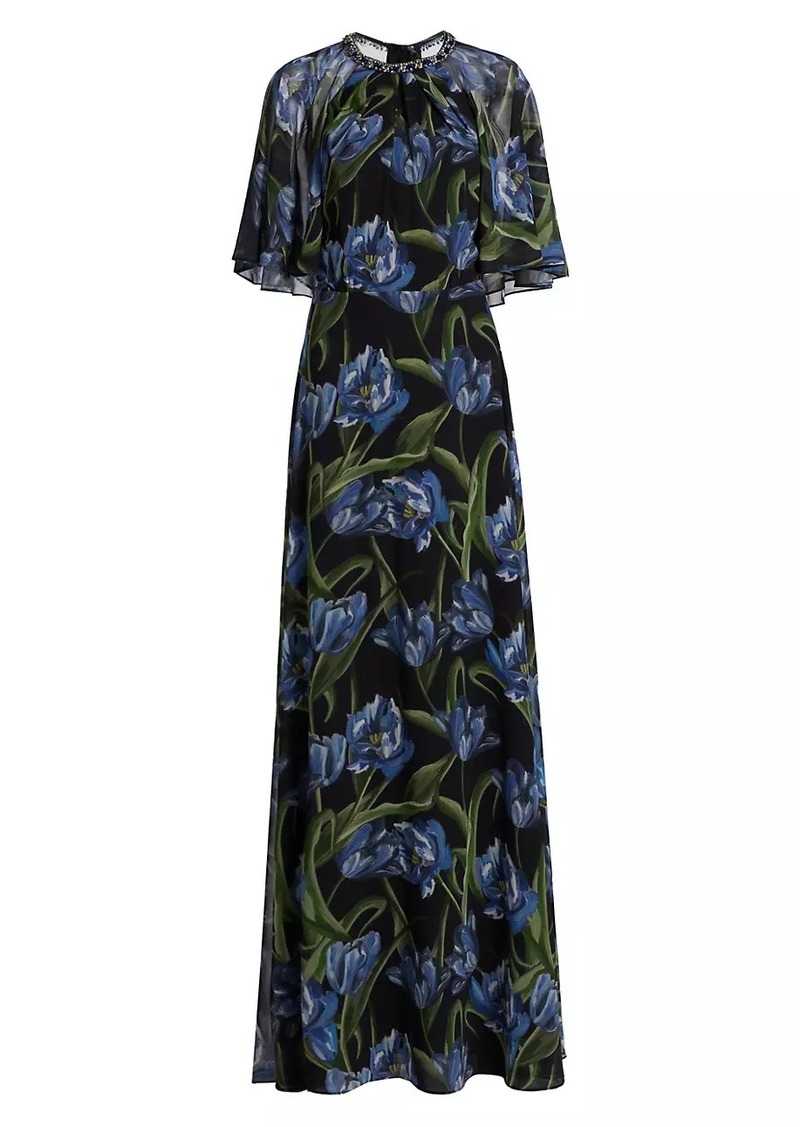 Teri Jon Iris Print Caplet Chiffon Gown