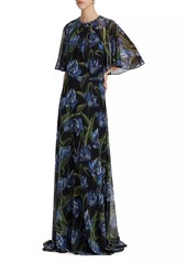 Teri Jon Iris Print Caplet Chiffon Gown