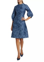 Teri Jon Jacquard Balloon-Sleeve Cocktail Dress