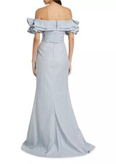 Teri Jon Jacquard Cascade Ruffle-Sleeve Gown