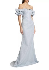 Teri Jon Jacquard Cascade Ruffle-Sleeve Gown