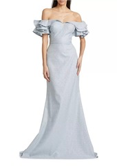 Teri Jon Jacquard Cascade Ruffle-Sleeve Gown