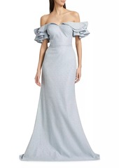 Teri Jon Jacquard Cascade Ruffle-Sleeve Gown