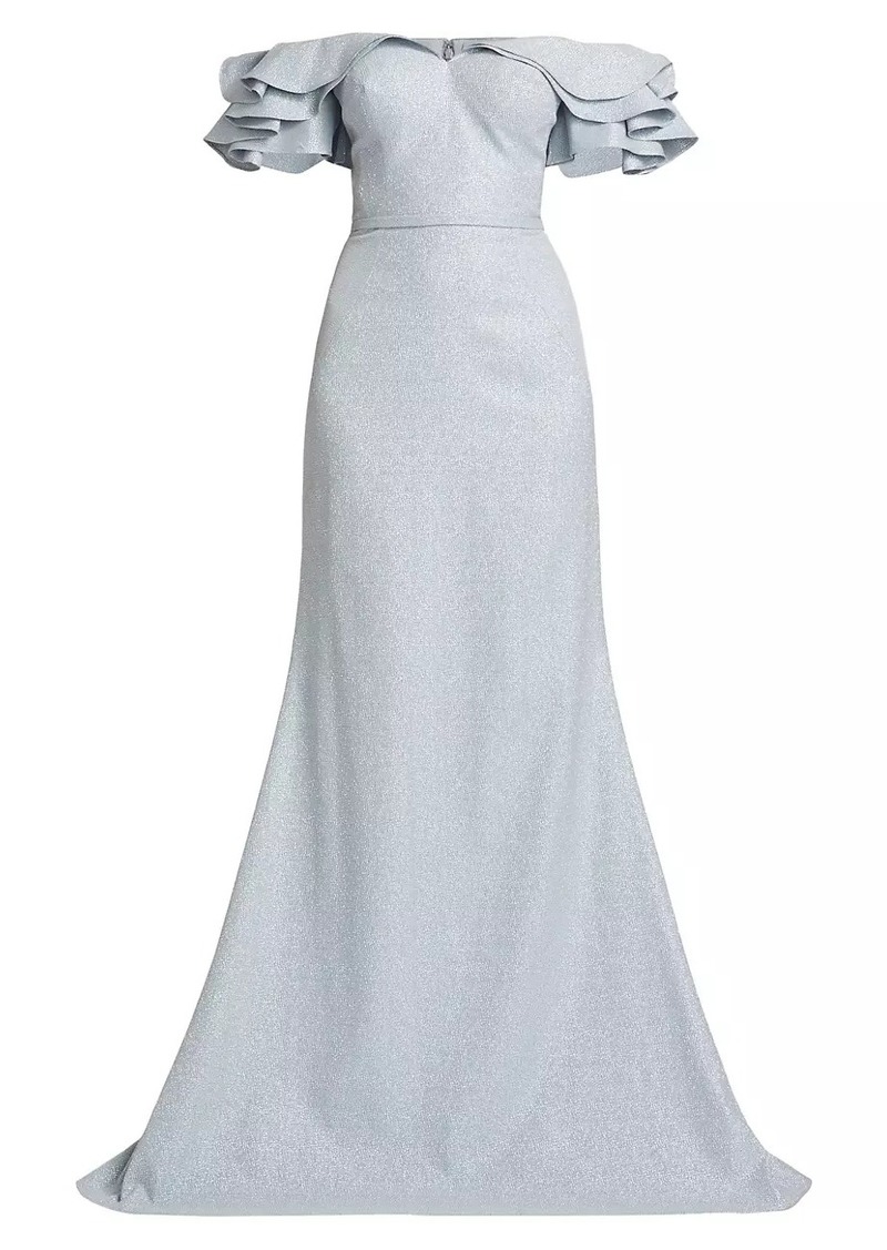 Teri Jon Jacquard Cascade Ruffle-Sleeve Gown