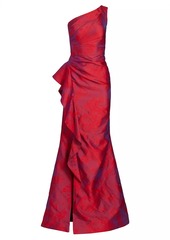 Teri Jon Jacquard One-Shoulder Ruched Gown