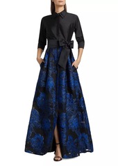 Teri Jon Jacquard Tie-Waist A-Line Gown