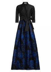 Teri Jon Jacquard Tie-Waist A-Line Gown