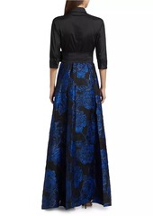 Teri Jon Jacquard Tie-Waist A-Line Gown