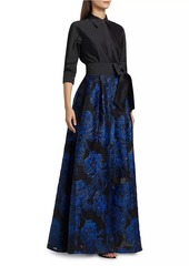 Teri Jon Jacquard Tie-Waist A-Line Gown