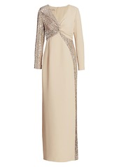 Teri Jon Long-Sleeve Sequin Front-Twist Gown