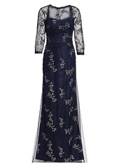 Teri Jon Mesh Long-Sleeve Embroidered Floral Gown