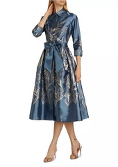 Teri Jon Metallic Embroidered Jacquard Belted Midi-Shirtdress