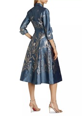 Teri Jon Metallic Embroidered Jacquard Belted Midi-Shirtdress