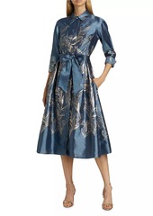 Teri Jon Metallic Embroidered Jacquard Belted Midi-Shirtdress