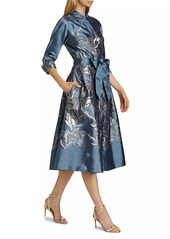 Teri Jon Metallic Embroidered Jacquard Belted Midi-Shirtdress