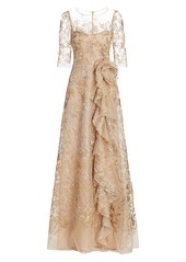 Teri Jon Metallic Floral Illusion Tulle Side Ruffle A-Line Gown