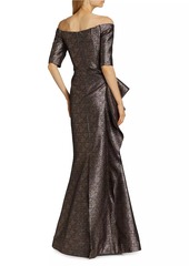 Teri Jon Metallic Jacquard Off-The-Shoulder Gown