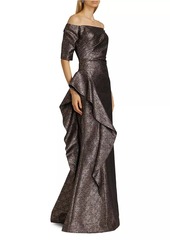 Teri Jon Metallic Jacquard Off-The-Shoulder Gown