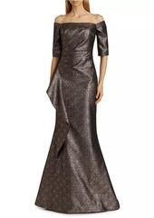 Teri Jon Metallic Jacquard Off-The-Shoulder Gown