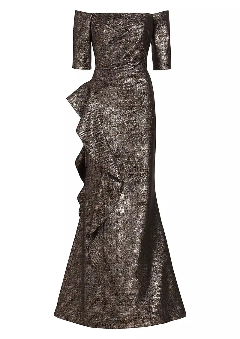 Teri Jon Metallic Jacquard Off-The-Shoulder Gown