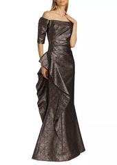 Teri Jon Metallic Jacquard Off-The-Shoulder Gown