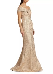 Teri Jon Metallic Jacquard Off-The-Shoulder Gown