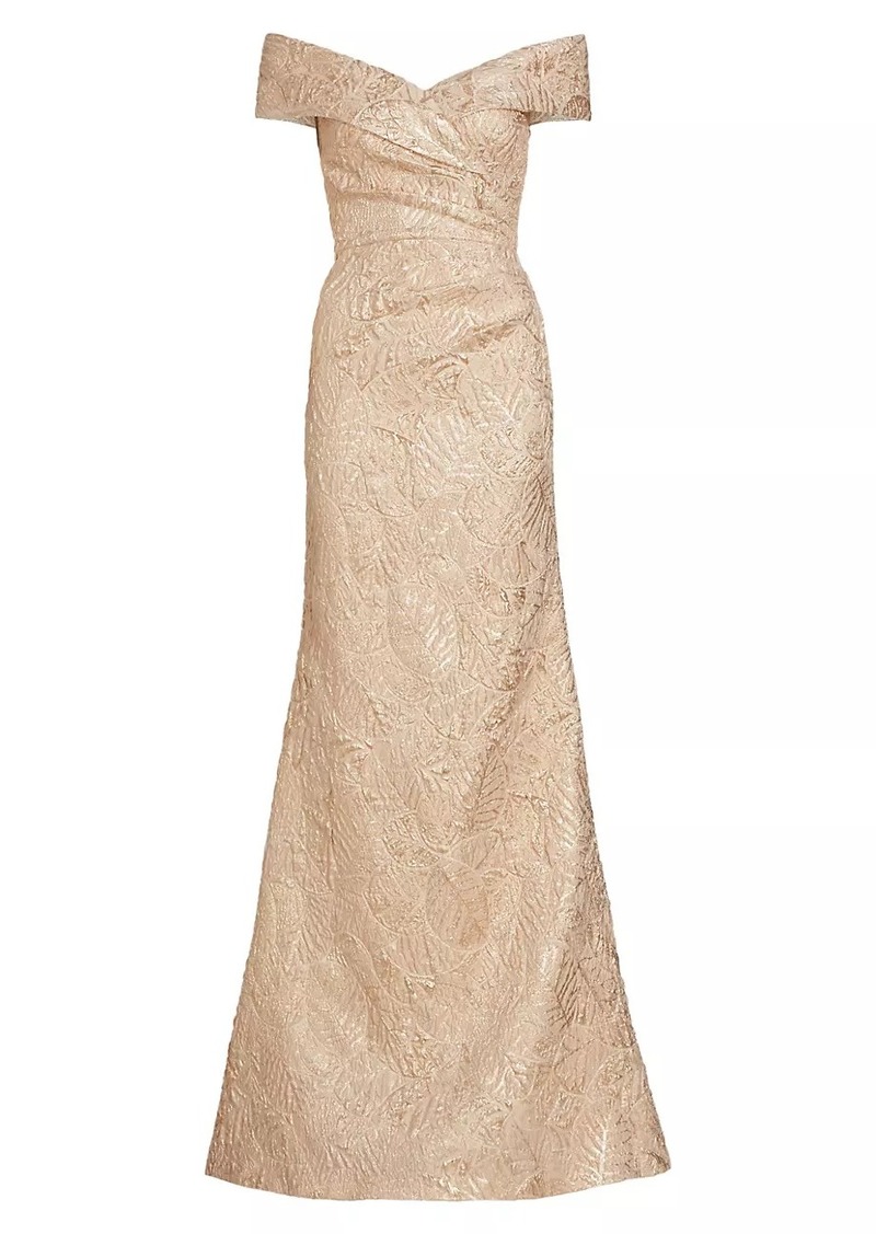 Teri Jon Metallic Jacquard Off-The-Shoulder Gown