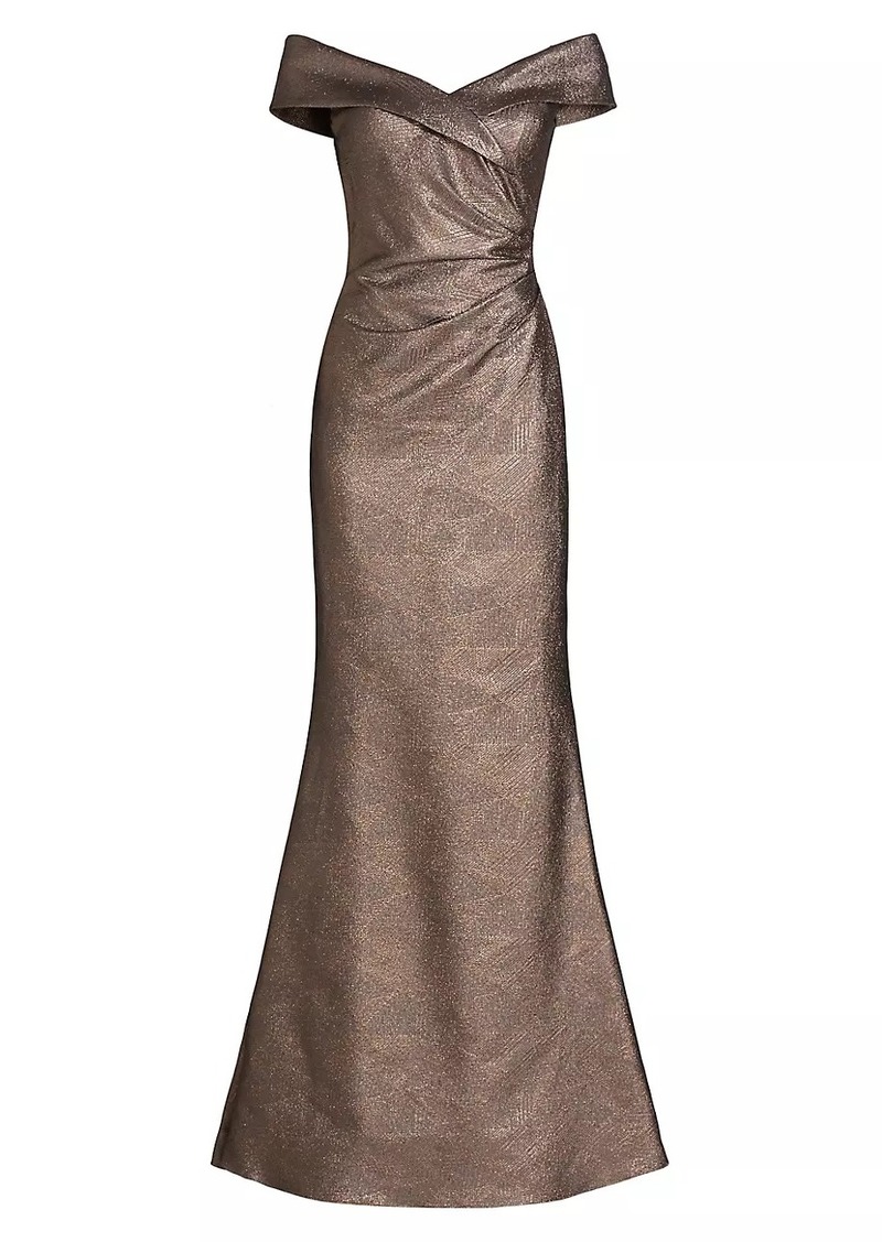 Teri Jon Metallic Jacquard Off-The-Shoulder Gown