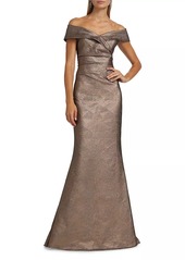 Teri Jon Metallic Jacquard Off-The-Shoulder Gown