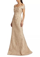 Teri Jon Metallic Jacquard Off-The-Shoulder Gown