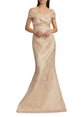 Teri Jon Metallic Jacquard Off-The-Shoulder Gown