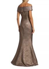 Teri Jon Metallic Jacquard Off-The-Shoulder Gown