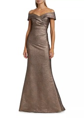 Teri Jon Metallic Jacquard Off-The-Shoulder Gown