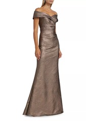 Teri Jon Metallic Jacquard Off-The-Shoulder Gown