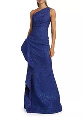 Teri Jon Metallic Jacquard One-Shoulder Gown