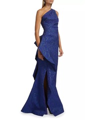 Teri Jon Metallic Jacquard One-Shoulder Gown