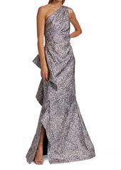 Teri Jon Metallic Jacquard One-Shoulder Gown