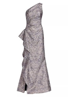Teri Jon Metallic Jacquard One-Shoulder Gown