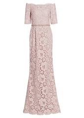 Teri Jon Off-the-Shoulder Embellished Lace Gown