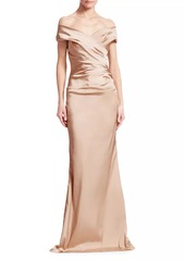 Teri Jon Off-The-Shoulder Ruched Satin Gown