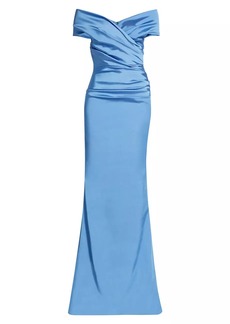 Teri Jon Off-The-Shoulder Ruched Satin Gown