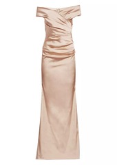 Teri Jon Off-The-Shoulder Ruched Satin Gown