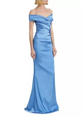 Teri Jon Off-The-Shoulder Ruched Satin Gown