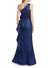 Teri Jon One-Shoulder Jacquard Rosette Gown