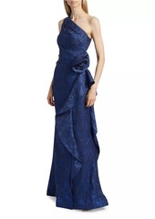 Teri Jon One-Shoulder Jacquard Rosette Gown