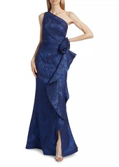 Teri Jon One-Shoulder Jacquard Rosette Gown