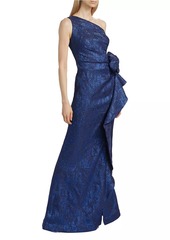 Teri Jon One-Shoulder Jacquard Rosette Gown