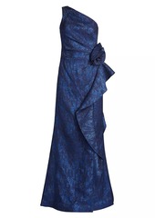 Teri Jon One-Shoulder Jacquard Rosette Gown