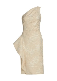 Teri Jon One-Shoulder Jacquard Rouched Side-Peplum Dress