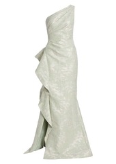 Teri Jon Ruffled One-Shoulder Floral-Jacquard Gown